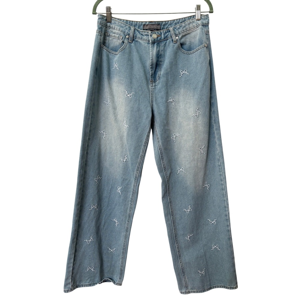 Cali 1850 Light Wash Wide Leg Embroidered Bow Jeans Womens Size 11 High Rise